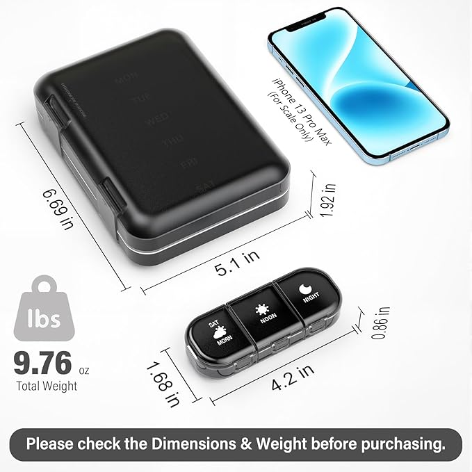 Vikie Weekly Pill Organizer 3 Times a Day, Morn NOON Night, BPA-Free, Portable & Moisture-Proof for Pills, Vitamins, Supplements ()