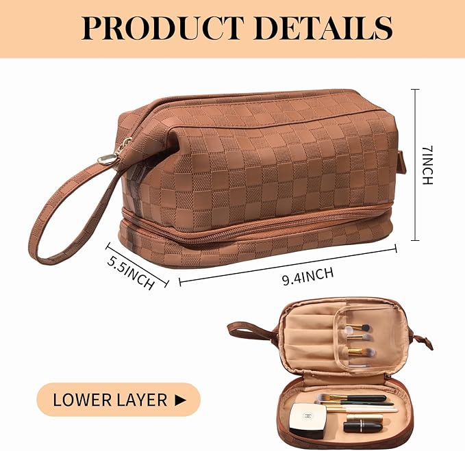 Abiudeng Large Capacity Makeup Bag Ladies Cosmetic Bag Travel Bag with Compartments Portable PU Leather Travel Makeup Bag with Handle