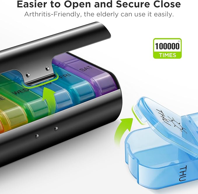 Zannaki Metal XL Weekly Pill Organizer 2 Times a Day, Large Travel Daily Pill Box 7 Day, Portable Week Twice Pill Holder Container, AM PM Pill Case for Medicine Vitamin Medication Supplement, Black