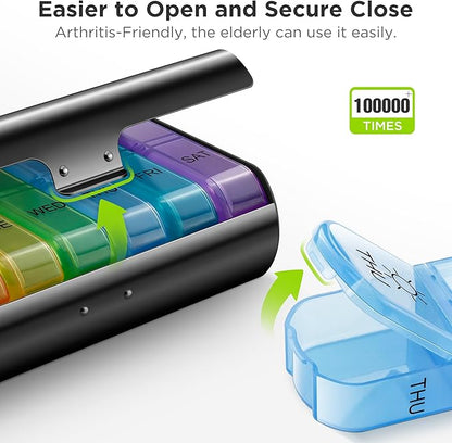 Zannaki Metal XL Weekly Pill Organizer 2 Times a Day, Large Travel Daily Pill Box 7 Day, Portable Week Twice Pill Holder Container, AM PM Pill Case for Medicine Vitamin Medication Supplement, Black