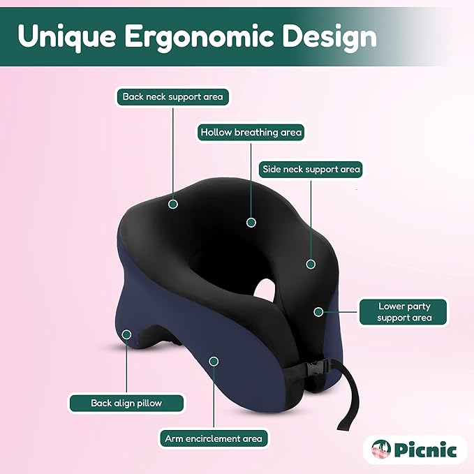 Picnic Neck Pillow for Traveling | 100% Pure Memory Foam Travel Pillow for Airplanes, Car & Office | Ergonomic Support with Adjustable Clasp, Eye Mask & Compact Travel Bag | Perfect for Relaxation