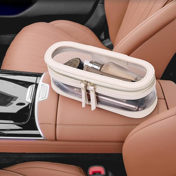 Pinkmik Makeup Brush Case Clear Travel Cosmetic & Toiletry Bag Slim Makeup Bag with Zipper Small Purse Organizer Car Essential Bag for Women (Beige, SLIM-2)