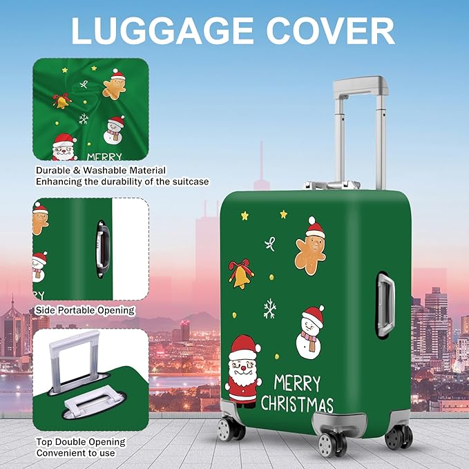 ANNA QUEEN Merry Christmas Luggage Cover, Holiday-Themed Protector with Santa, Gingerbread & Snowman, Stretchable & Washable Travel Sleeve for 20-34 Inch Luggage
