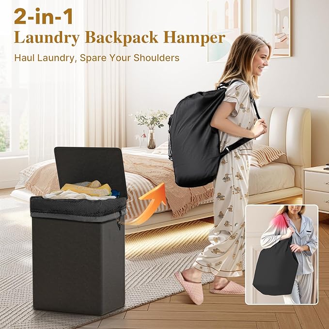 60L 2-in-1 Laundry Hamper with Laundry Backpack, Waterproof Basket with Lid, Laundry Bag with Shoulder Straps and Mesh Pocket, Hamper for College Dorm, Travel, Apartment, Laundromat