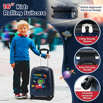Goplus 5 Piece Kid’s Luggage Set, 16” Carry on Suitcase w/13” Backpack, Neck Pillow, Hardside Spinner Toddler Luggage, Travel Rolling Suitcase for Boys Girls Gifts (Navy, Space Dino)