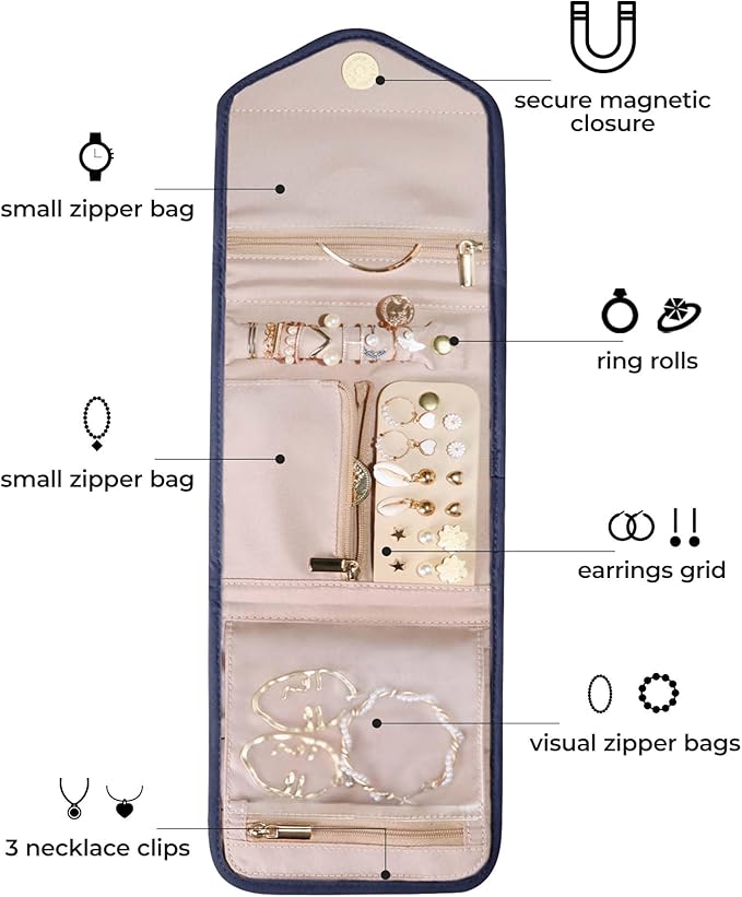 BAGSMART Travel Jewelry Organizer Case Foldable Jewelry Roll for Journey Rings, Necklaces, Earrings, Bracelets,Mini,Smokey Blue