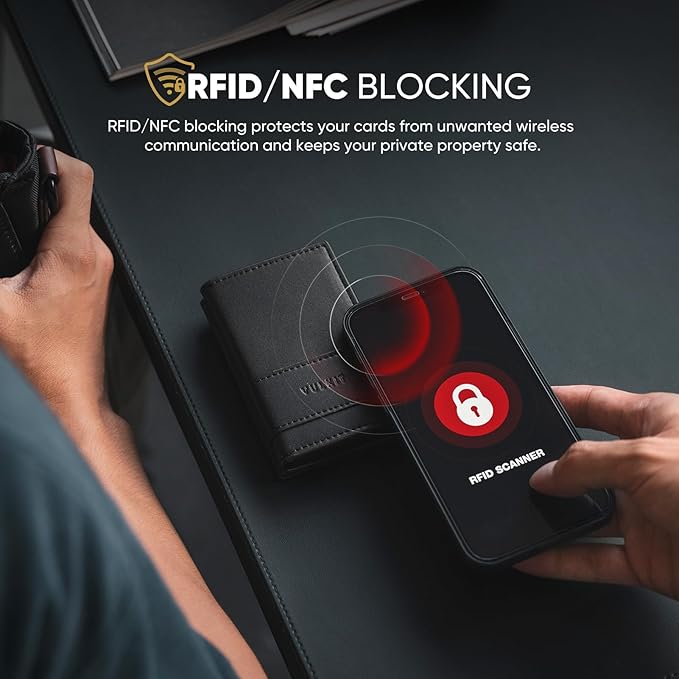 VULKIT Card Holder Bifold Pop Up Leather Wallet for Men RFID Blocking Metal Card Case, Holds 9 Cards and Banknotes Black