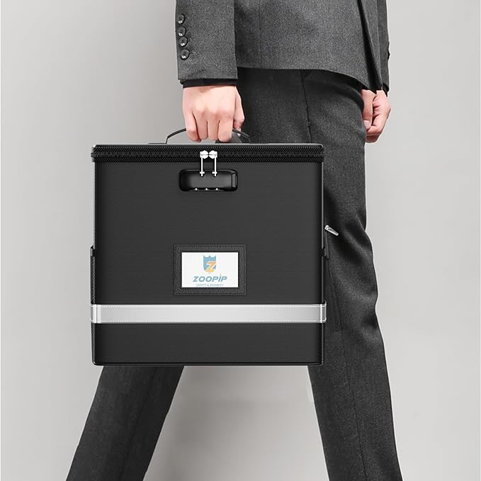 Fireproof File Box with Lock, Document Box Storage Organizer, Suitable for Hanging File Folders in Letter Size, Collapsible File Box, Reflective Strip for Fast Find (12.2"*6"*10.2, Black)