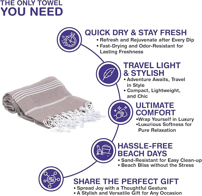 Turkish Beach Towels, Bulk Case of 12 | Oversized, Quick Dry, Sand Free | 100% Cotton, Large 38x71 Towels for Beach, Pool, Travel | Ultra-Soft, Compact, Absorbent | Light Brown