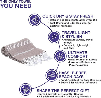 Turkish Beach Towels, Bulk Case of 12 | Oversized, Quick Dry, Sand Free | 100% Cotton, Large 38x71 Towels for Beach, Pool, Travel | Ultra-Soft, Compact, Absorbent | Light Brown