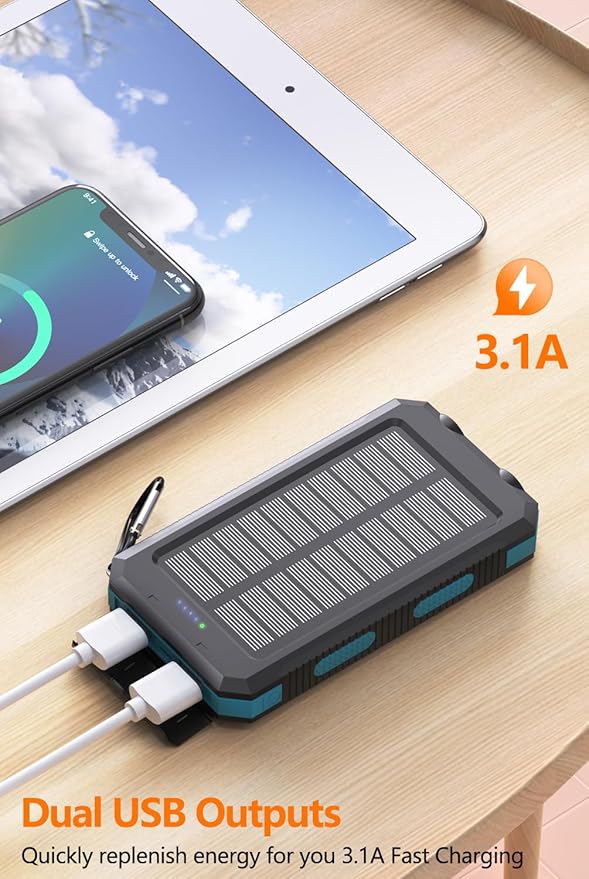 Power Bank 38800mAh Solar Portable Charger with USB-C 5V/2.4A Fast Charging Compatible with iPhone, with 2 LED Flashlights and IPX5 Waterproof External Backup Battery Pack Perfect for Camping, Hiking
