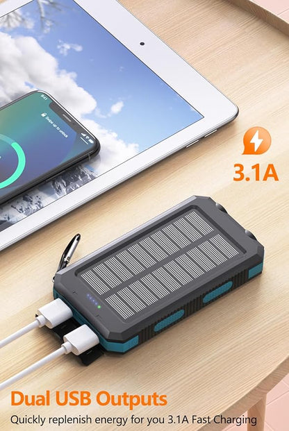 Power Bank 38800mAh Solar Portable Charger with USB-C 5V/2.4A Fast Charging Compatible with iPhone, with 2 LED Flashlights and IPX5 Waterproof External Backup Battery Pack Perfect for Camping, Hiking