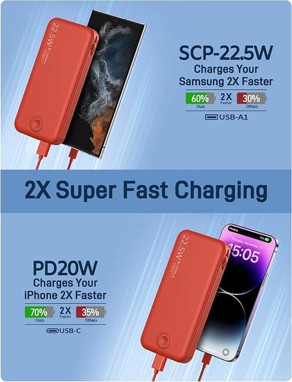 22.5W Super Fast Charging Portable Charger with Wall Plug,12000mAh USB-C Power Bank Built-in 2 Cable, Lightweight Phone Charger Travel Battery Pack for All iPhone, Samsung, Tablets