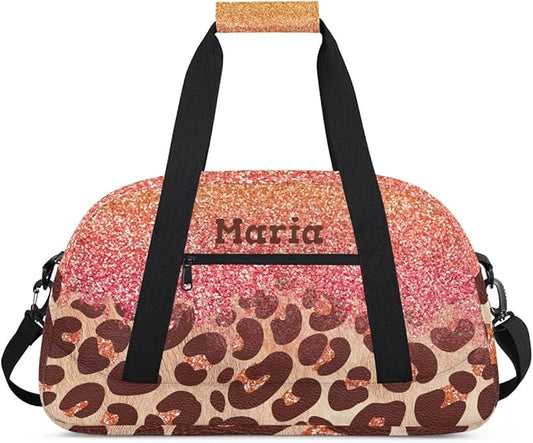 Personalized Kids Sports Duffel Bag with Name Custom Weekender Overnight Bag for Boys Girls Gym Bag Travel Dance Gymnastics Duffel Bag, Pink Glitter Leopard Print