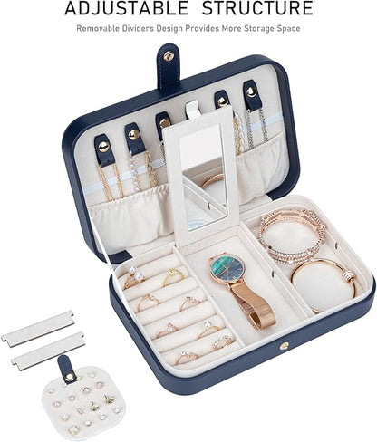 2-Layer Travel Jewelry Box for Women, Portable Jewelry Organizer with Mirror & Removable Dividers, PU Leather Jewelry Case – Gift for Wife, Mom, Girlfriend (Navy White)