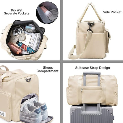 Sports Gym Bag with Shoes Compartment Travel Duffel Bag with Dry Wet Separated Pocket for Men and Women, Overnight Bag Weekender Bag Training Handbag Yoga Bag - Off White
