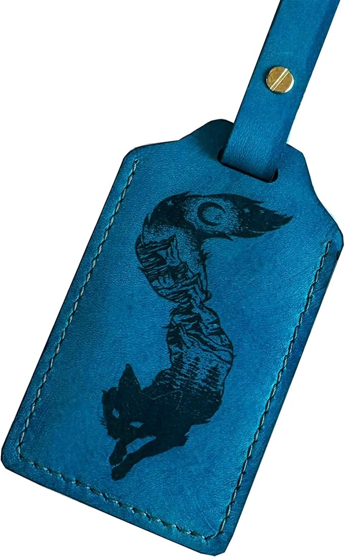 Mayan Corner - Handcrafted Leather Luggage Tag, Fox Design, Blue, ID Window, Brass Hardware, 4.3 x 2.7 inches