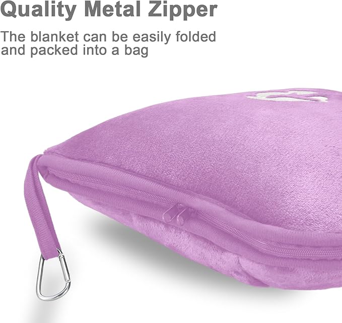 Travel Blanket and Pillow Compact, Premium Soft 2 in 1 Airplane Blanket with Soft Bag Pillowcase，Hand Luggage Sleeve and Backpack Clip (Solid Purple)