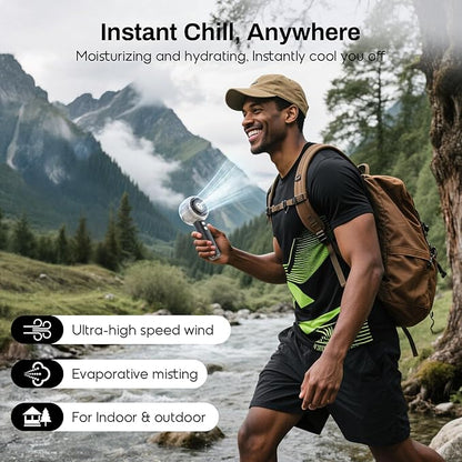 Misting Portable Handheld Fan, Powerful Turbo Motor, 6000mAh Rechargeable Battery, Personal Mini Fans with 4 Strong Wind, Cooling Gadgets for Travel, Camping, Beach, Outdoor, Gifts for Women Men-Black