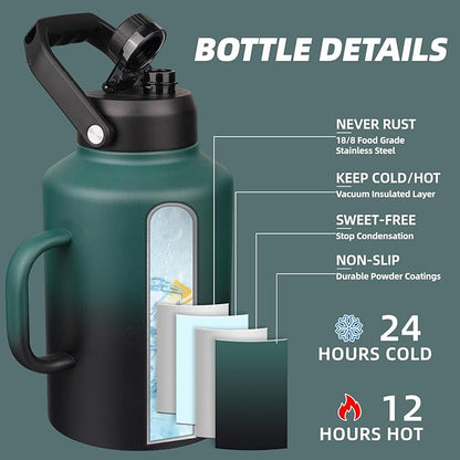 BJPKPK 1 Gallon Water Bottle with Handle, Large Dishwasher Safe 128oz Insulated Water Bottle, BPA Free Water Jug, Wide Mouth Metal Flasks with Anti-slip Bottom, Army Green & Black