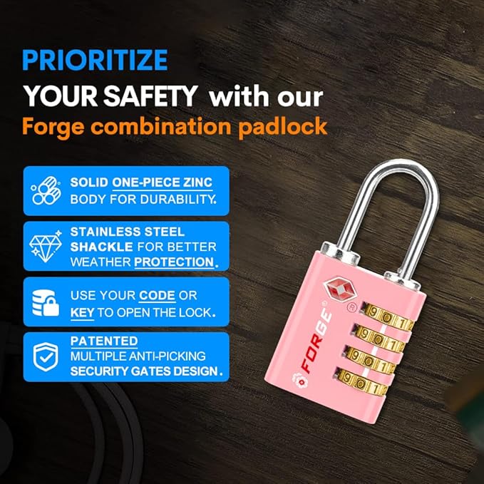 Forge Dual-Opening: Key or Combination Access Lock, TSA Approved Locks for Luggage, Pelican case, Travel, Gym, School, Stainless Steel Shackle. (Pink, 2 Pk)