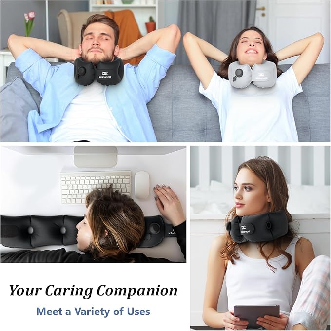 Inflatable Neck Pillow, Portable Travel Neck Pillow for Long Flight, Storable Black Neck Pillows with Washable Cover, Adjustable Air-Fill Support