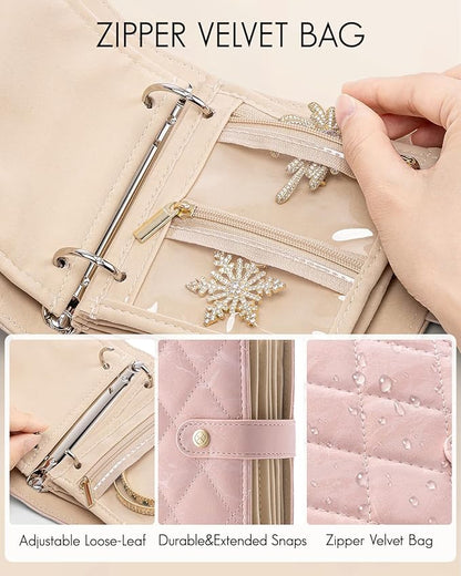 Vlando Travel Jewelry Organizer Case,Gifts for Women,Portable Jewelry Storage Book Ring Binder with Clear Zipper Velvet Pouch Bag for Traveling,Rings,Necklace,Earrings,Bracelets,Brooches-Sand Pink