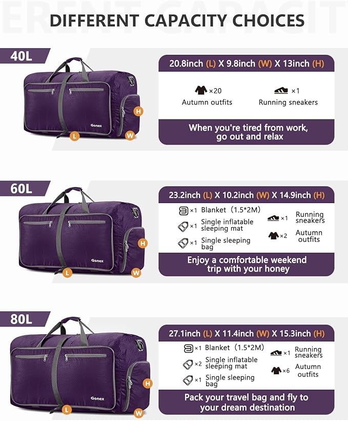 Gonex 40L 60L 80L 100L 150L Large Foldable Travel Duffle Bag with Shoes Compartment, Packable Lightweight Water Repellent Duffel Bag for Camping Gym Weekender Bag