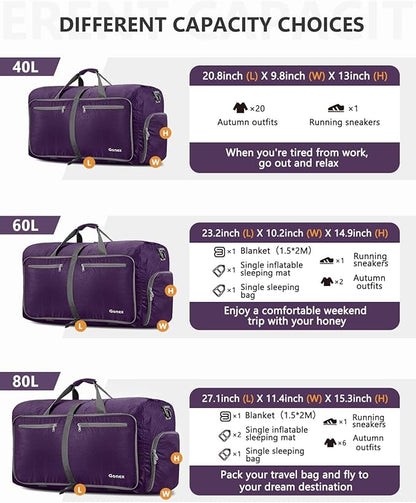 Gonex 40L 60L 80L 100L 150L Large Foldable Travel Duffle Bag with Shoes Compartment, Packable Lightweight Water Repellent Duffel Bag for Camping Gym Weekender Bag