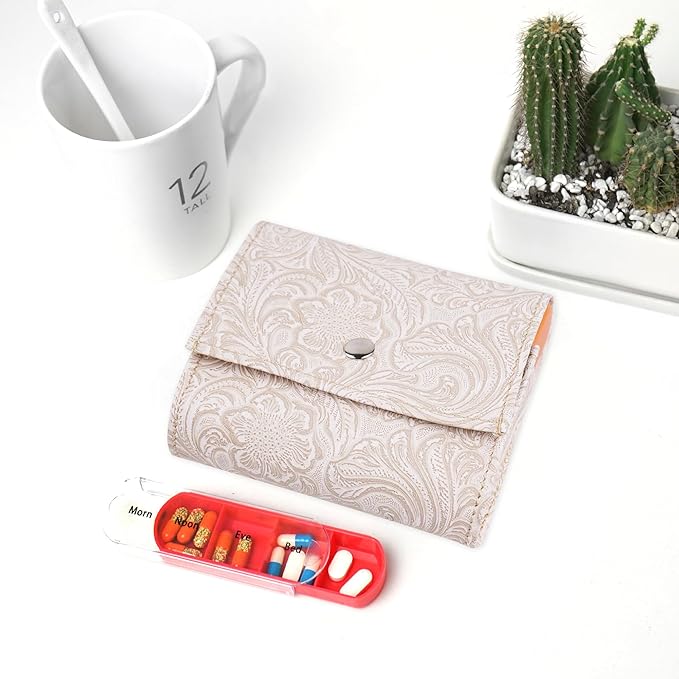 Pill Organizer,LIZIMANDU Weekly Travel Pill Case Box Medication Reminder Daily AM PM, Day Night 7 Compartments,for 4 Times A Day, 7 Days a Week-Includes Leather PU Carrying Case(1-Carved White)