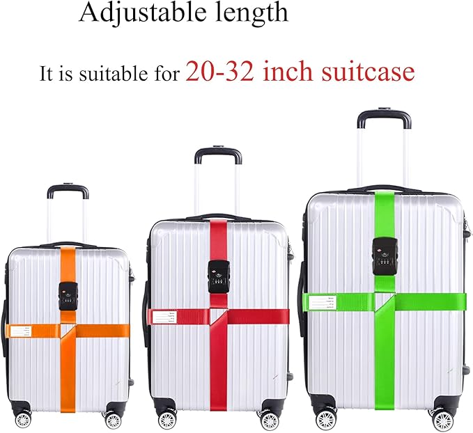 Luggage Straps for Suitcases TSA Approved Heavy Duty Adjustable Travel Belt Cross Suitcase Belts Luggage Tags with Name ID Card Travel Accessories Fit for 20-32 Inch Suitcase (Green)