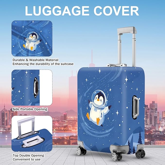 ANNA QUEEN Astronaut Penguin Luggage Cover, Cute Space Penguin Design Suitcase Protector, Washable Stretchable Travel Sleeve for 32-34 Inch Luggage