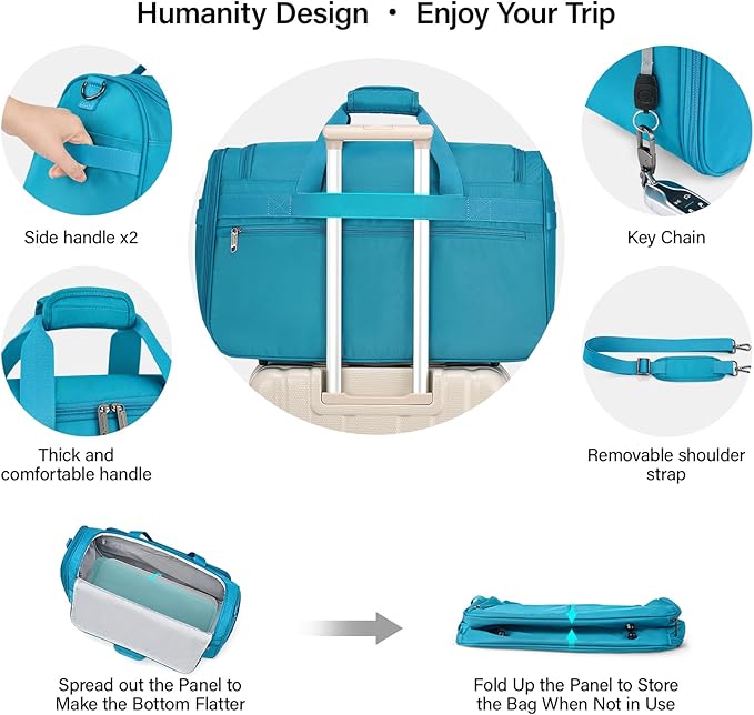 Hanke Carry On luggage Bags for Travel, Large Foldable Duffle Bag for Travel, Softside Lightweight Travel Bag Carry On Bags for Airplanes Women, Travel Tote Bags for Women Men.(Caribbean Blue)