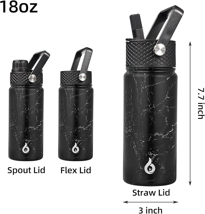 BJPKPK Insulated Water Bottles with Straw Lid, 18oz Stainless Steel Metal Water Bottle, Cold Hot Thermo with 3 Lids, Leak Proof BPA Free Travel Cup, Wide Mouth Flasks, Thermo -Midnight