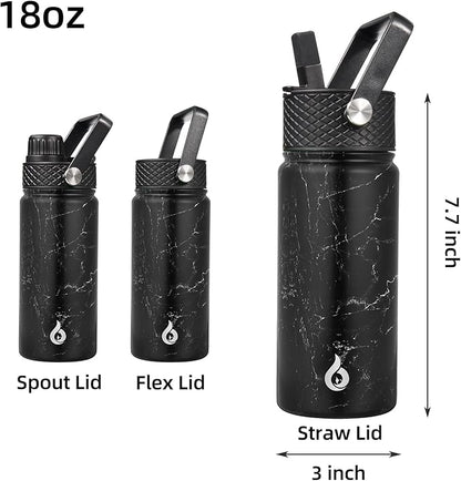 BJPKPK Insulated Water Bottles with Straw Lid, 18oz Stainless Steel Metal Water Bottle, Cold Hot Thermo with 3 Lids, Leak Proof BPA Free Travel Cup, Wide Mouth Flasks, Thermo -Midnight