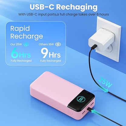 Portable Charger 50800mAh Power Bank,25W PD QC 4.0 USB C Fast Charging External Battery Pack,Travel Outdoor Essentials Portable Cell phone Charger Compatible with iPhone 17/16/15/14/13,Android-Pink