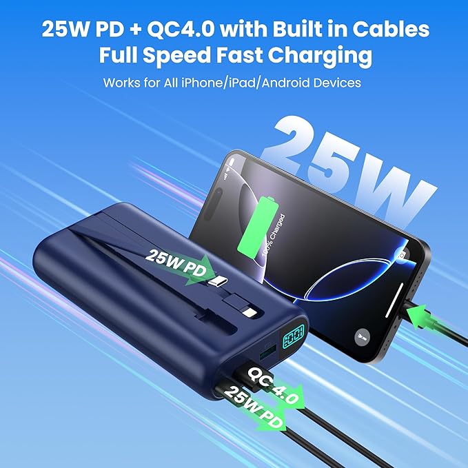 Portable Charger 40,800mAh Power Bank with Built-in Cables,5 USB Output Battery Pack Backup,25W PD Fast Phone Charging Travel Essential Outdoor for iPhone 17/16/15 Pro,Android Galaxy Pixel Nexus-Blue