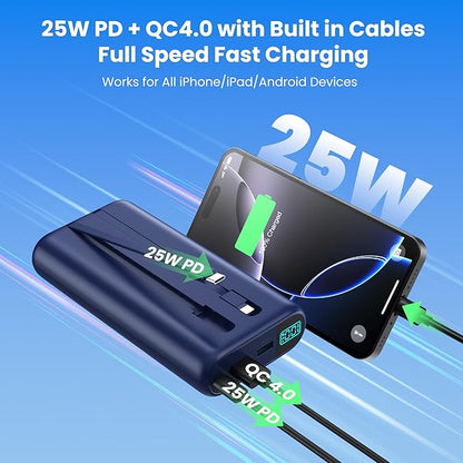 Portable Charger 40,800mAh Power Bank with Built-in Cables,5 USB Output Battery Pack Backup,25W PD Fast Phone Charging Travel Essential Outdoor for iPhone 17/16/15 Pro,Android Galaxy Pixel Nexus-Blue