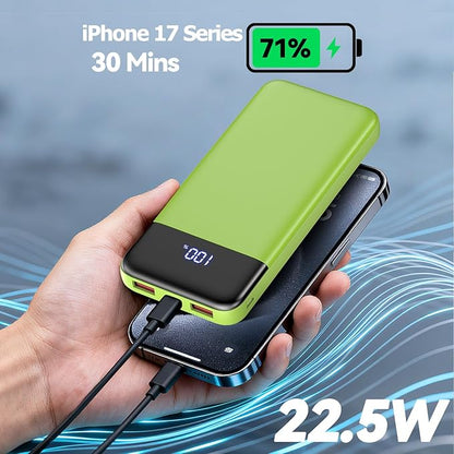 Portable Charger, 10000mAh Slim Power Bank Portable Phone Charger 22.5W PD QC Fast Charging with 3 Outputs 2 Inputs Battery Pack Compatible with iPhones Samsung Google Pixel LG Moto More Devices,Green