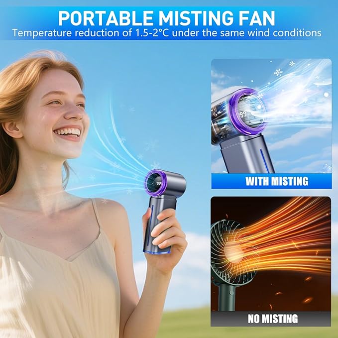 Portable Misting Fan - Mini Handheld Fan - 5000mAh Rechargeable Personal Mister Fans with Digital Display, 1-199 Speeds Adjustable, Birthday Gifts for Women Men Travel/Outdoor/Home/Office (Grey)