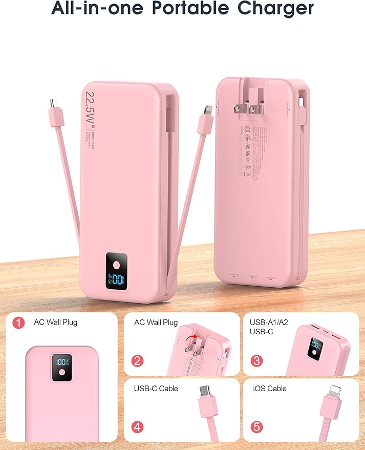 Portable Charger, 20000mAh 22.5W Fast Charging Power Bank with Built-in Cables & Wall Plug, Travel Essentials Battery Pack with LED Display, USB C External Battery Bank for iPhone iPad, Samsung Pink