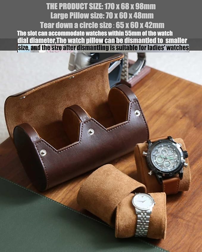 Premium Leather Travel Case, Variable Size Pillow Design, Roll Organizer for Men and Women, Brown 2 Slot Portable Storage Box With Faux Suede Fabric Lining