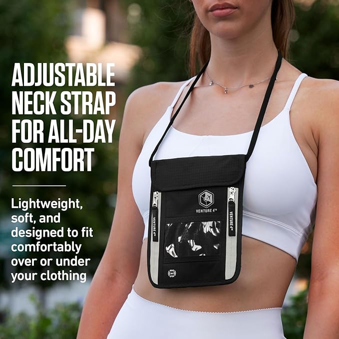 VENTURE 4TH Neck Wallet, RFID Blocking Passport Holder for Travel – Hidden Neck Pouch with 6 Compartments, Slim Lightweight Organizer with Adjustable Strap for Cash, Cards & Passport (Black)