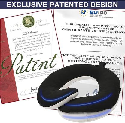 BUYUE Travel Neck Pillows for Airplanes, 360° Head Support Sleep for Long Flight, Skin-Friendly & Breathable, Kit with 3D Contoured Eye Mask, Earplugs and Storage Bag (Adult, Black, 90+ lbs)