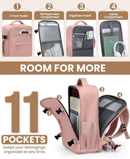 Travel Backpack for Women Man, Waterproof Personal Item Travel Bag Airline Approved Laptop Backpack Bookbag Weekender bags for Business,Travel, Work Fits 15.6 inch Laptop(Medium,Pink)