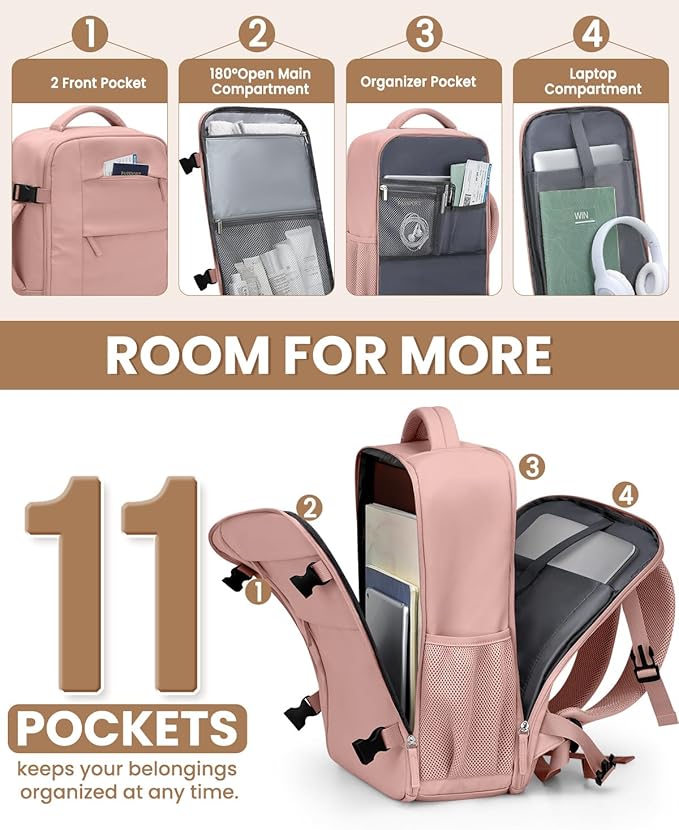 Travel Backpack for Women Man, Waterproof Laptop Backpack Travel Bag Airline Approved Carry on Weekender Overnight Bag Bookbag for Business,Travel, Work Fits 17.3 inch Laptop(Large,Pink)