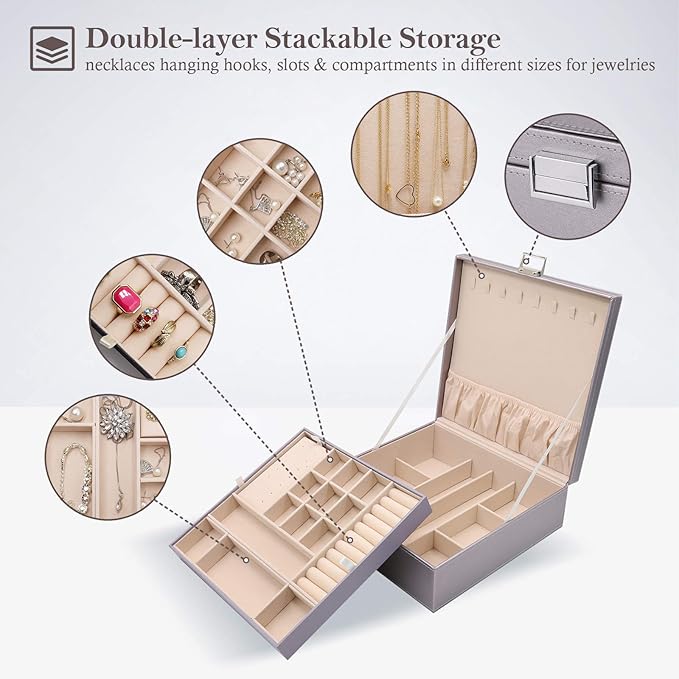 ProCase Jewelry Box for Women, 2 Layers Large Leather Jewelry Organizer Storage Case with Removable Pad for Earrings -Pearlizedsilver