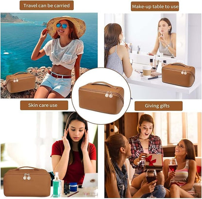 Travel Makeup Bag, Large Capacity Cosmetic Organizer Bags for Women, Waterproof PU Leather Toiletry Bags, Wide Open Flat Makeup Case with Divider and Handle
