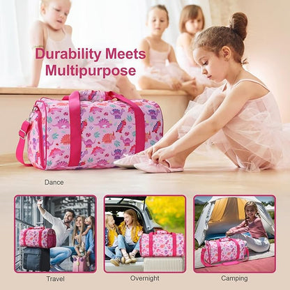 Bagseri Dance Bag for Girls - Waterproof Kids Duffel Bag for Ballet Sports Gymnastics Overnight with Shoe Compartment and Dry Wet Separation Pockets (Pink & Crown Dinosaur)