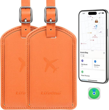 Luggage Tags Built-in Anti-Loss Tracker, Luxury Leather Luggage Tags for Suitcase, Travel Bags, Backpacks, Travel Organizer for Lost Baggage Prevention (Orange*2 Pack)